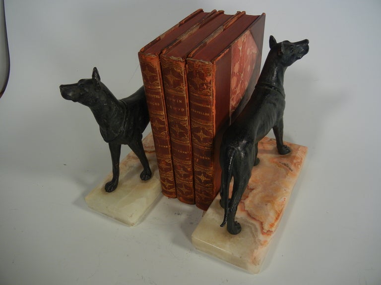 Great Dane Bookends in Black-Patinated Spelter on Marble Plinths 1