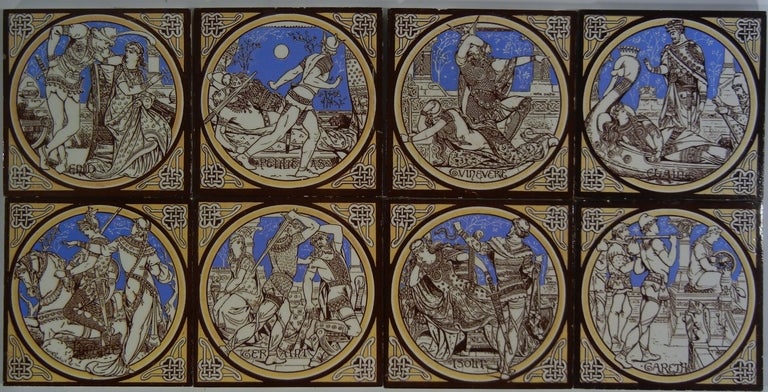 Group of eight ceramic art tiles with characters from Sir Thomas Malory's epic 