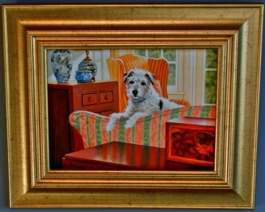 Oil paint on canvas portrait of the artist's Jack Russell Terrier on the couch among the antiques in the artist's living room in Woodstock, Vermont.