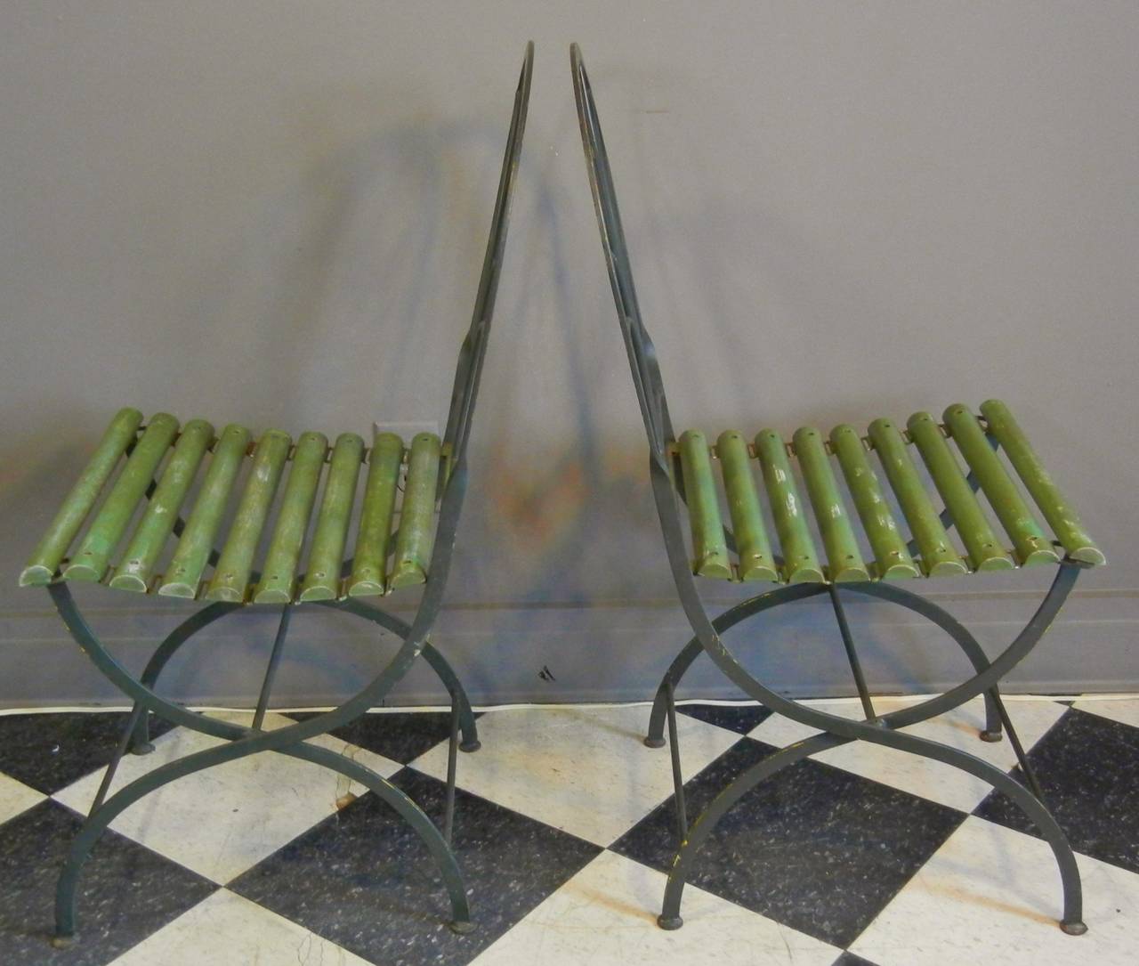 Painted Art Deco Period Folding Garden Chairs, Stylized Palm Trees, Set of Four