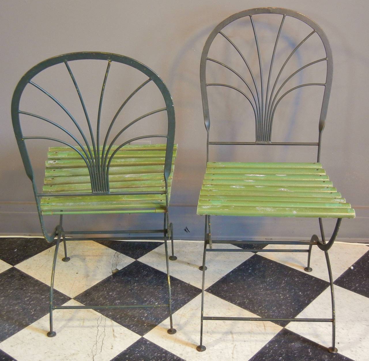 French Art Deco Period Folding Garden Chairs, Stylized Palm Trees, Set of Four