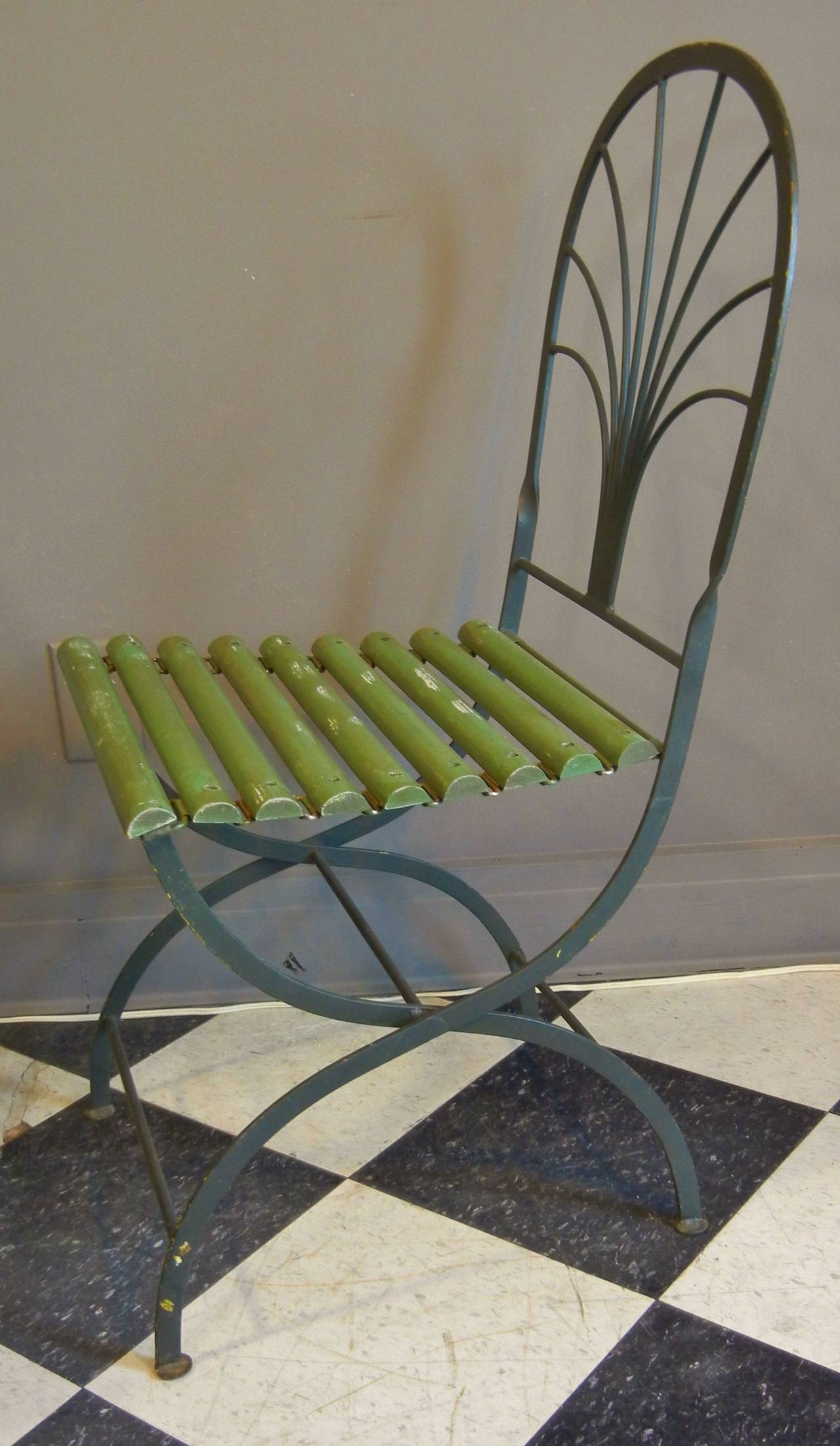 Art Deco Period Folding Garden Chairs, Stylized Palm Trees, Set of Four In Good Condition In Quechee, VT