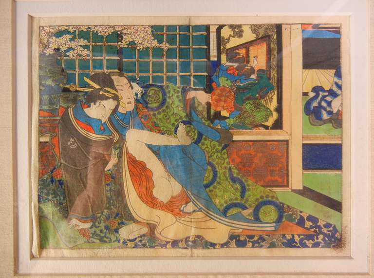 These colorful Ukiyo-e Shunga woodblock prints of the Utagawa School depicting erotic couplings, are in old bamboo frames with linen mats. 

The first Shunga depicts a Samurai and a courtesan in the foreground and a second couple in the