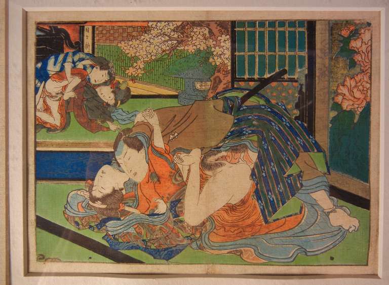 19th Century Two Shunga Woodblock Prints, Erotica by Anonymous, Japan c. 1860