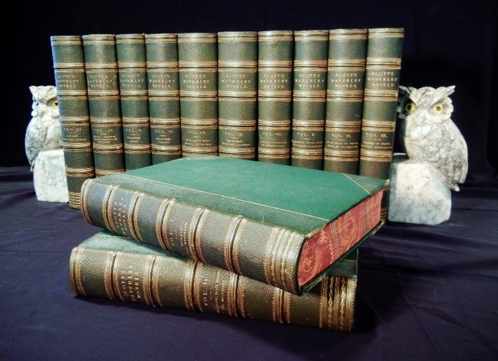 12-volume complete set of Sir Walter Scott's Waverley Novels in a heavily-illustrated special edition published in 1847, with later 19th century green morocco leather bindings. The bindings are in 3/4 green morocco leather and have hand-tooled gilt