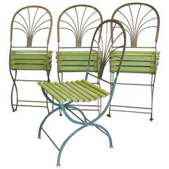 Antique Art Deco Period Folding Garden Chairs, Stylized Palm Trees, Set of Four