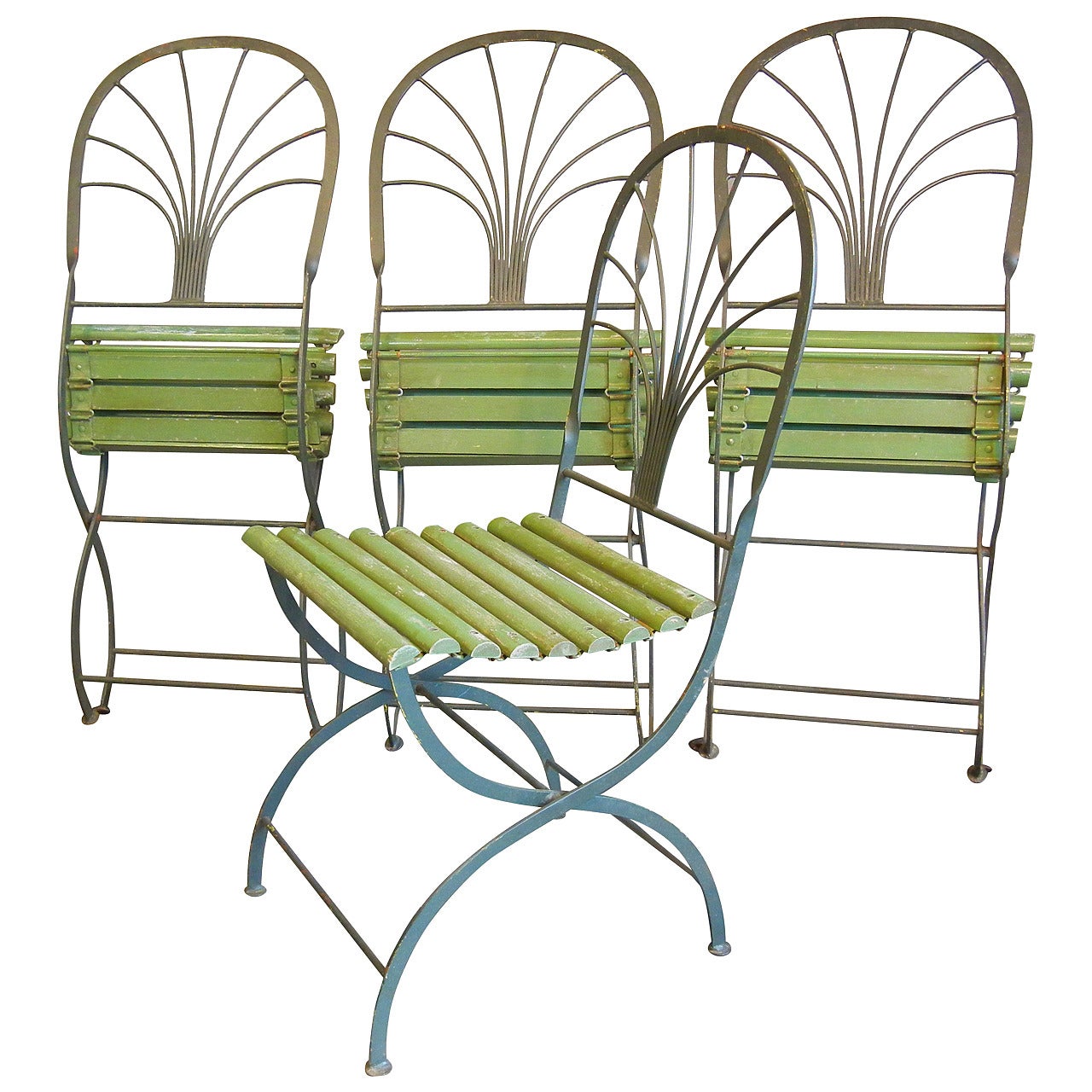 Art Deco Period Folding Garden Chairs, Stylized Palm Trees, Set of Four