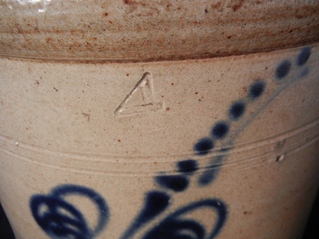 19th Century Four Gallon Stoneware Crock with Stylized Flower