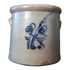 Used Four Gallon Stoneware Crock with Stylized Flower