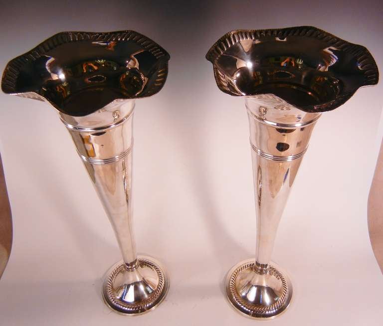 Hollywood Regency Towering Pair of Silver Plate Trumpet Vases