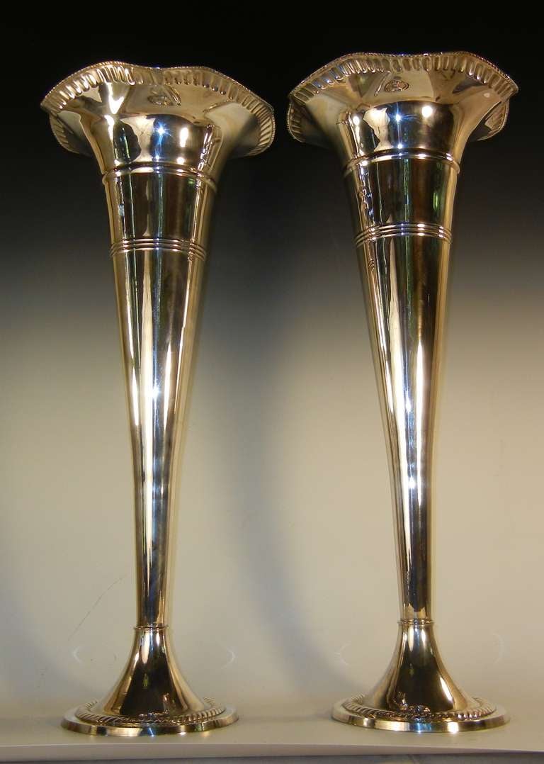 American Towering Pair of Silver Plate Trumpet Vases