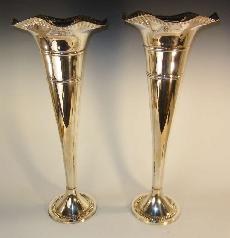 Turned Towering Pair of Silver Plate Trumpet Vases