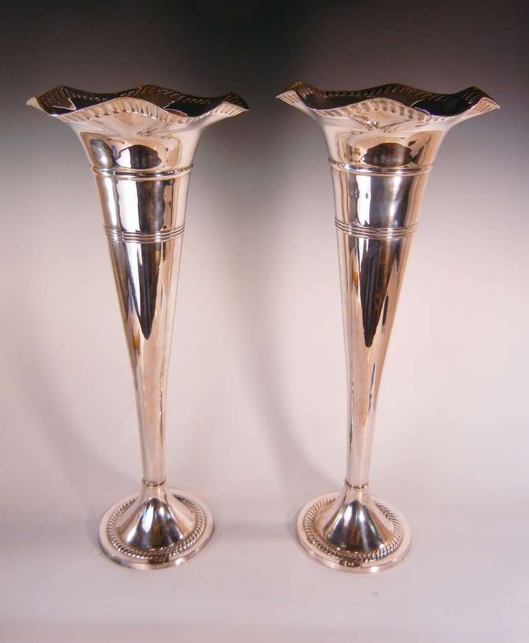 Towering Pair of Silver Plate Trumpet Vases 2