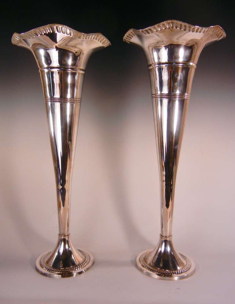 Towering Pair of Silver Plate Trumpet Vases 3