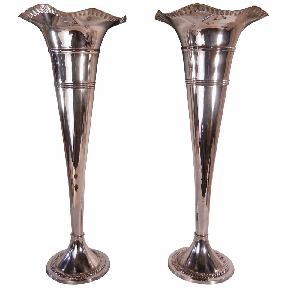 Towering Pair of Silver Plate Trumpet Vases