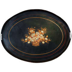 Antique Welsh Japanned & Painted  Butler's Tray with Basket of Flowers, George III