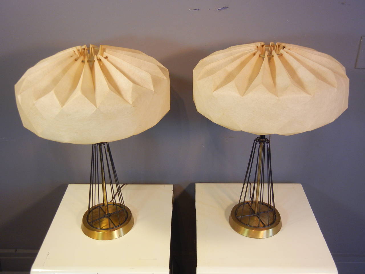 Forged Pair of Mid-Century Space Age Table Lamps with Fiberglass Shades