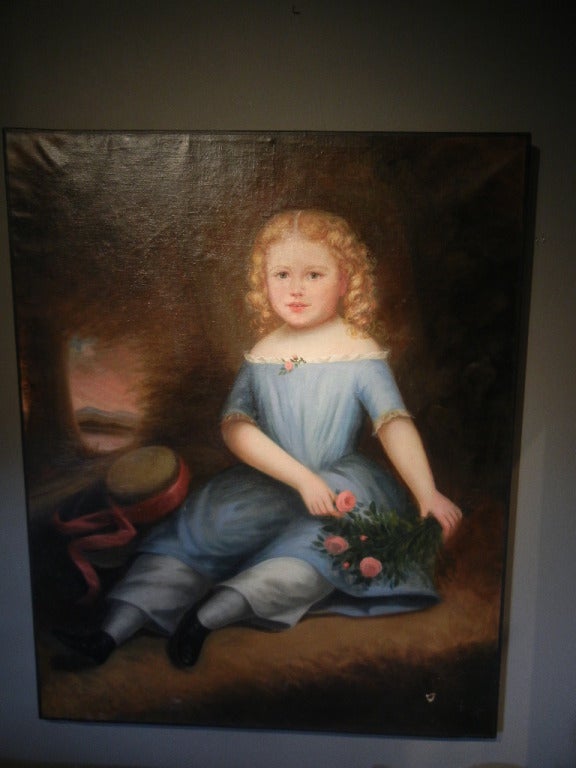 This is a full length oil paint-on-canvas portrait of a Vermont girl with blonde hair in corkscrew curls and with hazel eyes. She is wearing a blue off-the-shoulder day dress and blue pantaloons and stockings, sitting in a Vermont landscape holding