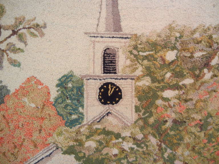 Folk Art Hooked Rug Portrait of a Vermont Meeting House in Late September