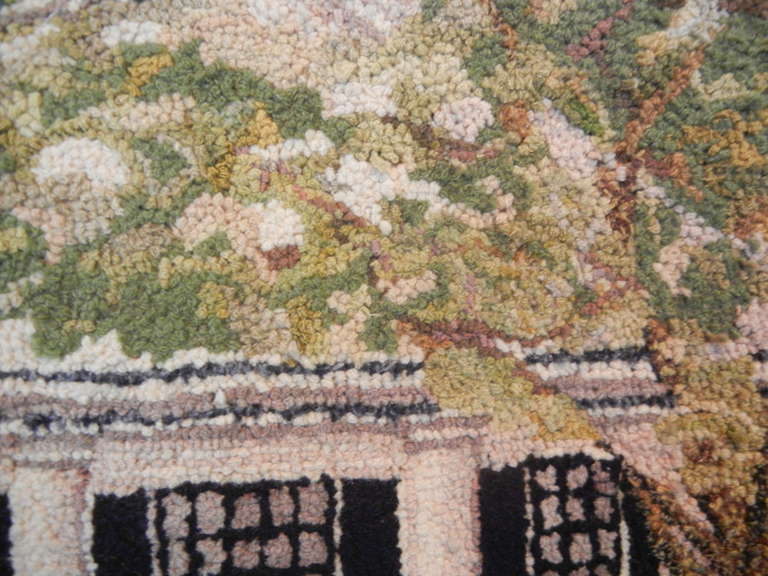 Hand-Knotted Hooked Rug Portrait of a Vermont Meeting House in Late September