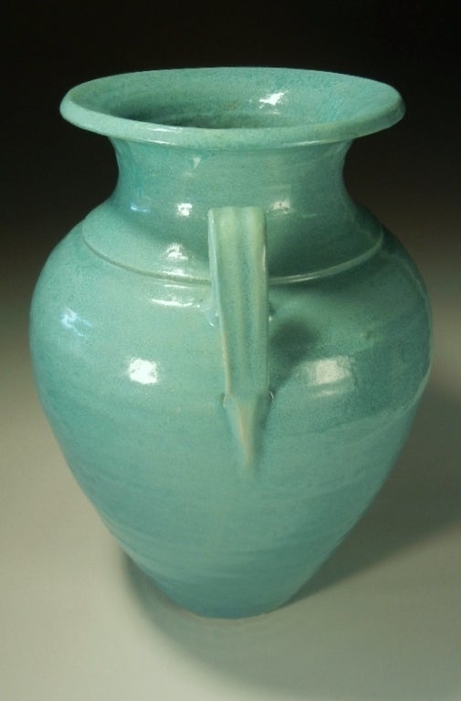 Large art pottery porch vase attributed to Waymon Cole (1905-1987) of J.B. Cole Pottery, Steeds, North Carolina, circa 1930, hand-thrown and turned red North Carolina clay with Chinese blue glaze. Porch vases were made in small quantities due to the