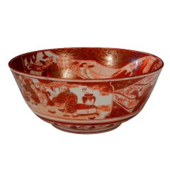 Meiji Period Aka-e Kutani 11" Bowl in Red and Gold on White