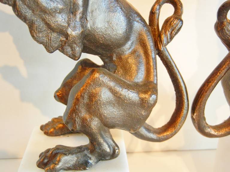 Rampant Lion Bookends on Marble Plinths in Cast Iron In Excellent Condition In Quechee, VT