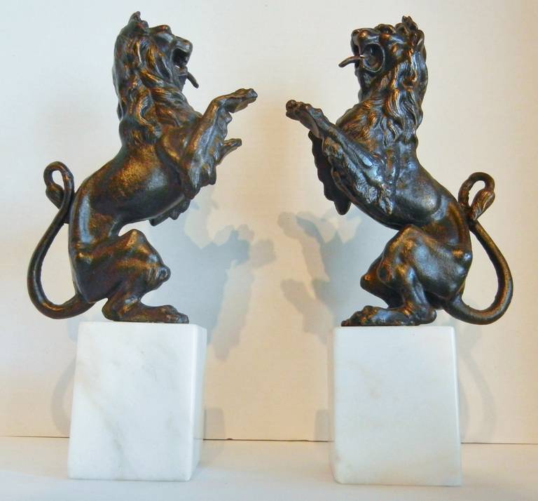 Rampant Lion Bookends on Marble Plinths in Cast Iron 3