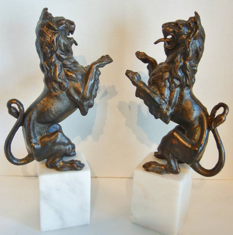 Rampant Lion Bookends on Marble Plinths in Cast Iron 4