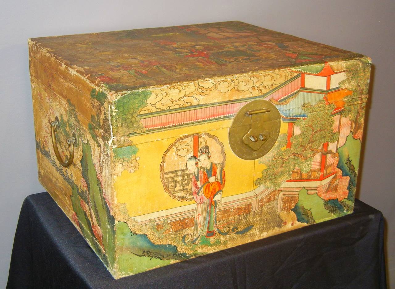 Qing Pigskin Lady's Trunk with Painted Vignettes and Silk Lining, China, 1885