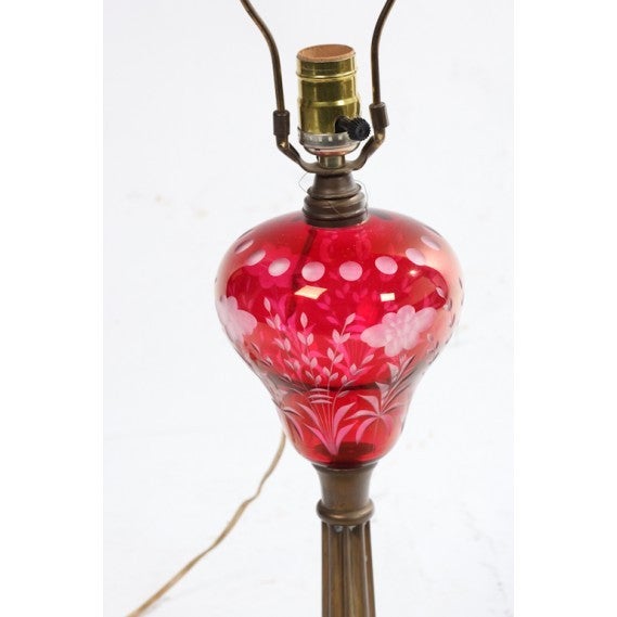 Victorian Pair of 19th Century Glass Overlay Red-Cut-to-Clear Kerosene Lamps, Electrified