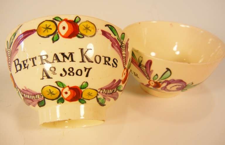 Kors - Kyser Betrothal Teabowls, Pennsylvania Dutch Market Creamware, 1807 For Sale 2