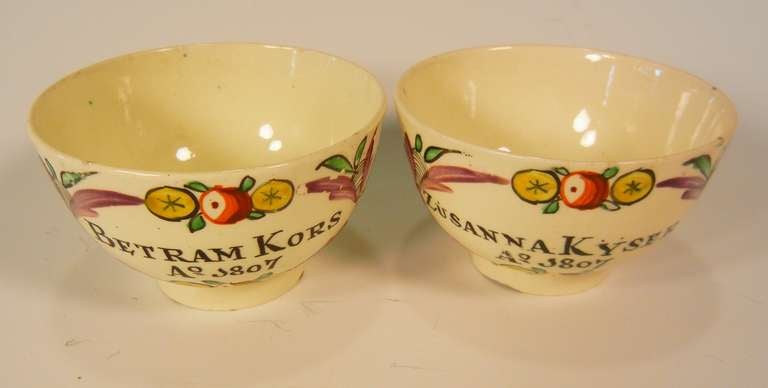 Federal Kors - Kyser Betrothal Teabowls, Pennsylvania Dutch Market Creamware, 1807 For Sale