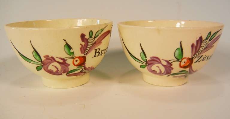Hand-Painted Kors - Kyser Betrothal Teabowls, Pennsylvania Dutch Market Creamware, 1807 For Sale