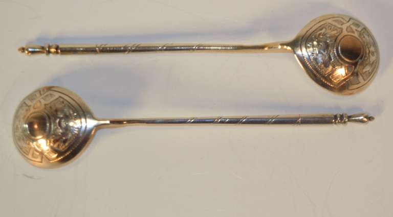 Pair of Russian Silver Teaspoons, Mikail Iakovlevich Isakov, St. Petersburg 1876 For Sale 1
