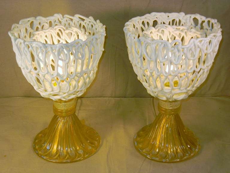 Mid-Century Modern Remarkable Pair of Expressionist Double-Net Murano Glass Lamps c. 1970