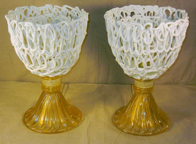 Remarkable Pair of Expressionist Double-Net Murano Glass Lamps c. 1970 4