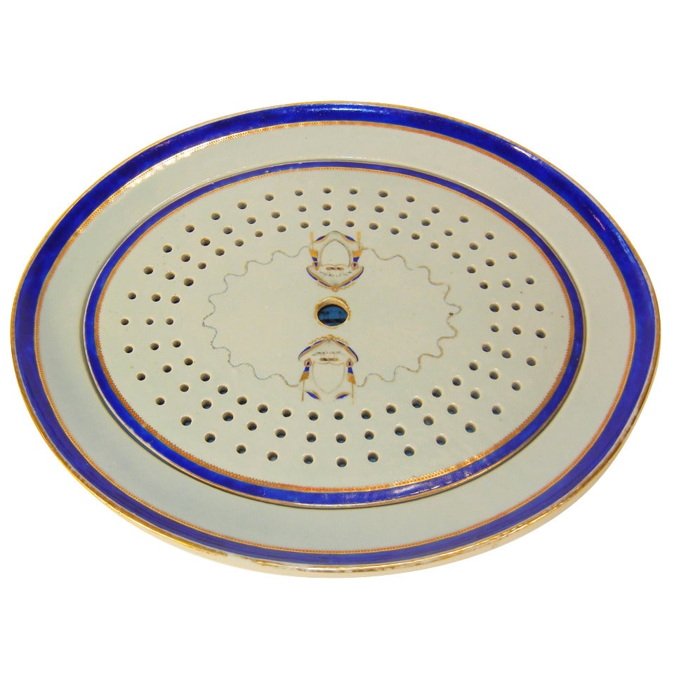 Chop Platter with Strainer, Rare Export Marriage Armorial, circa 1790-1810 For Sale