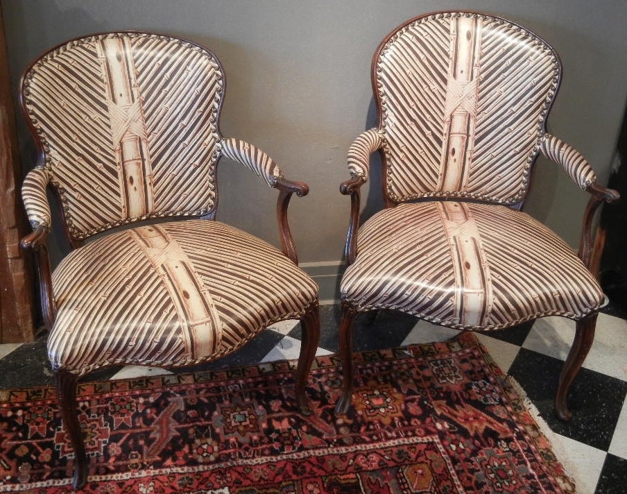 Pair of Louis XV-Style circa 1850 Fauteuils in Modern Vinyl Upholstery 4