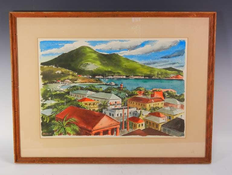 Watercolor on paper showing the harbor and town of Charlotte Amalie by regional artist Ira Smith. The famous port on St. Thomas, U.S. Virgin Islands, is depicted in the mid-20th century, with the old fort and its tower seen in the center
