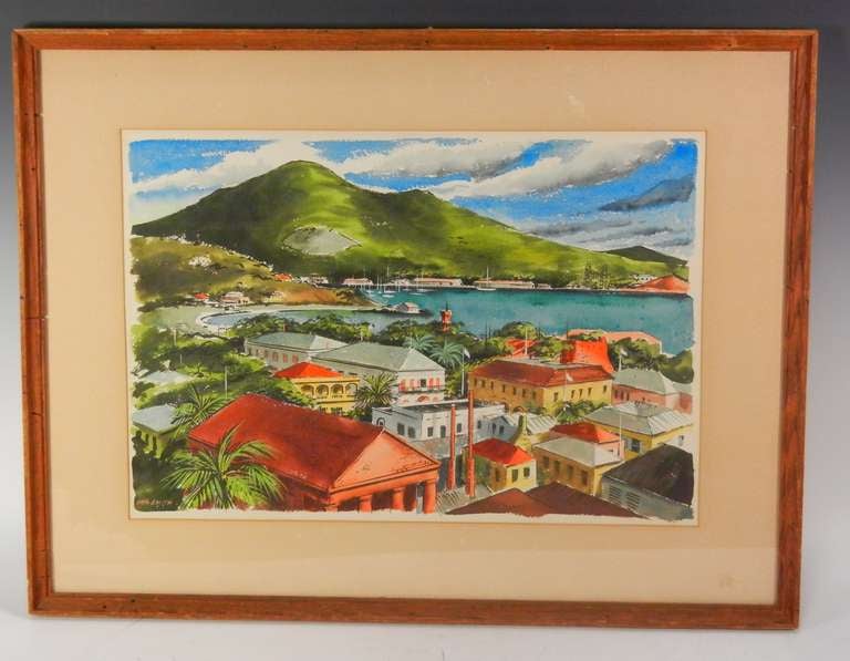 Mid-Century Modern Charlotte Amalie, St. Thomas Watercolor by Ira Smith circa 1958