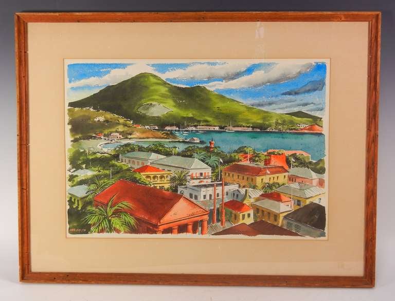 Glass Charlotte Amalie, St. Thomas Watercolor by Ira Smith circa 1958