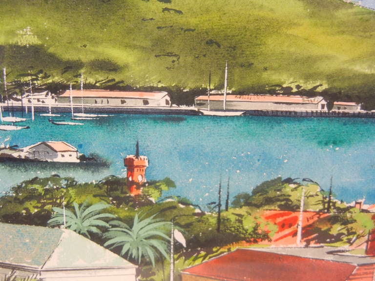 Charlotte Amalie, St. Thomas Watercolor by Ira Smith circa 1958 In Excellent Condition In Quechee, VT