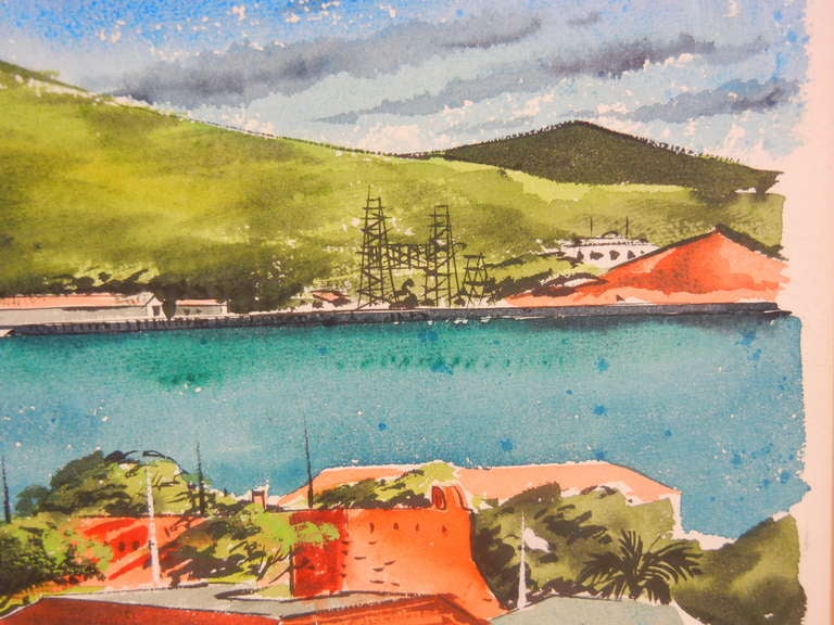 Charlotte Amalie, St. Thomas Watercolor by Ira Smith circa 1958 In Excellent Condition In Quechee, VT