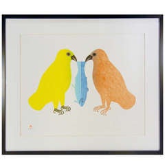 Birds Share a Fish, Kingmeata Etidlooie, 1980 Cape Dorset Lithograph