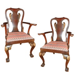 Pair of George II Carved and Parcel-Gilt Walnut Arm Chairs 4