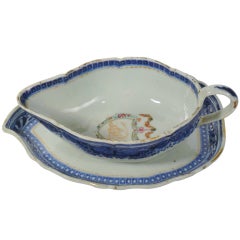 Antique Chinese Export Porcelain Armorial Gravy Boat and Underliner