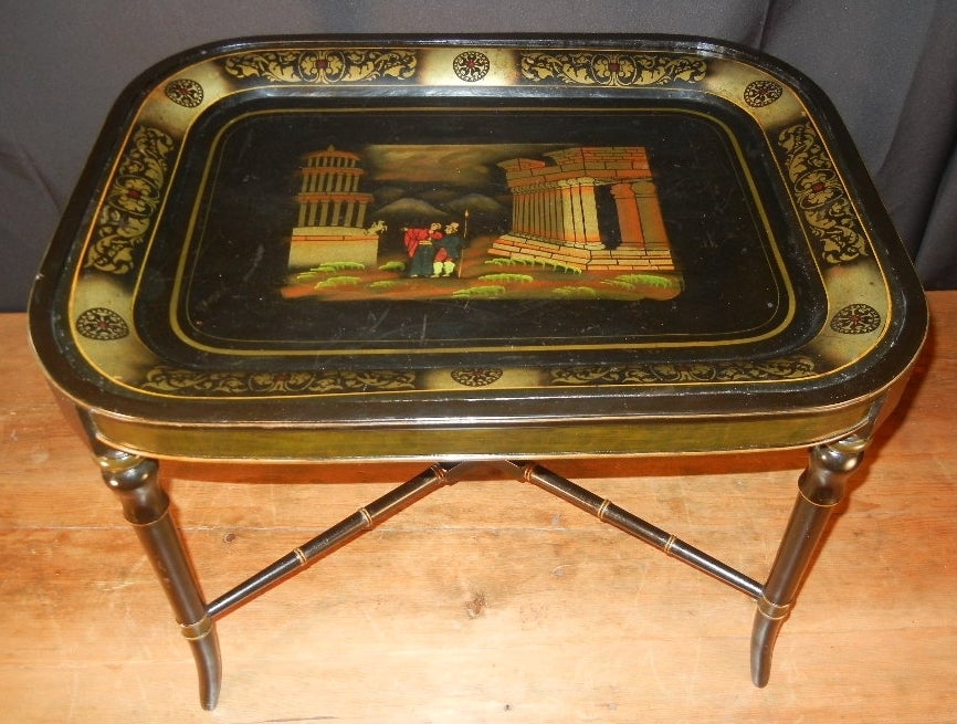 English Tole Tray, Rare Subject of Grand Tour Roman Ruins, Custom Stand For Sale