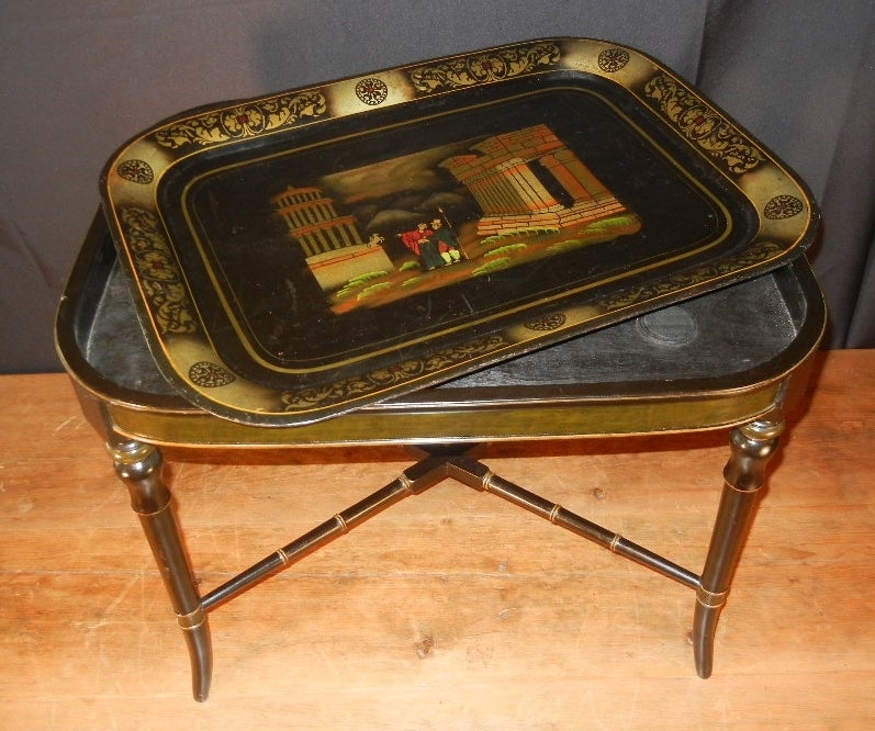 Tole Tray, Rare Subject of Grand Tour Roman Ruins, Custom Stand In Good Condition For Sale In Quechee, VT