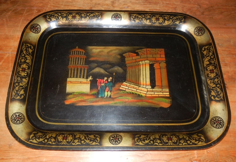 19th Century Tole Tray, Rare Subject of Grand Tour Roman Ruins, Custom Stand For Sale